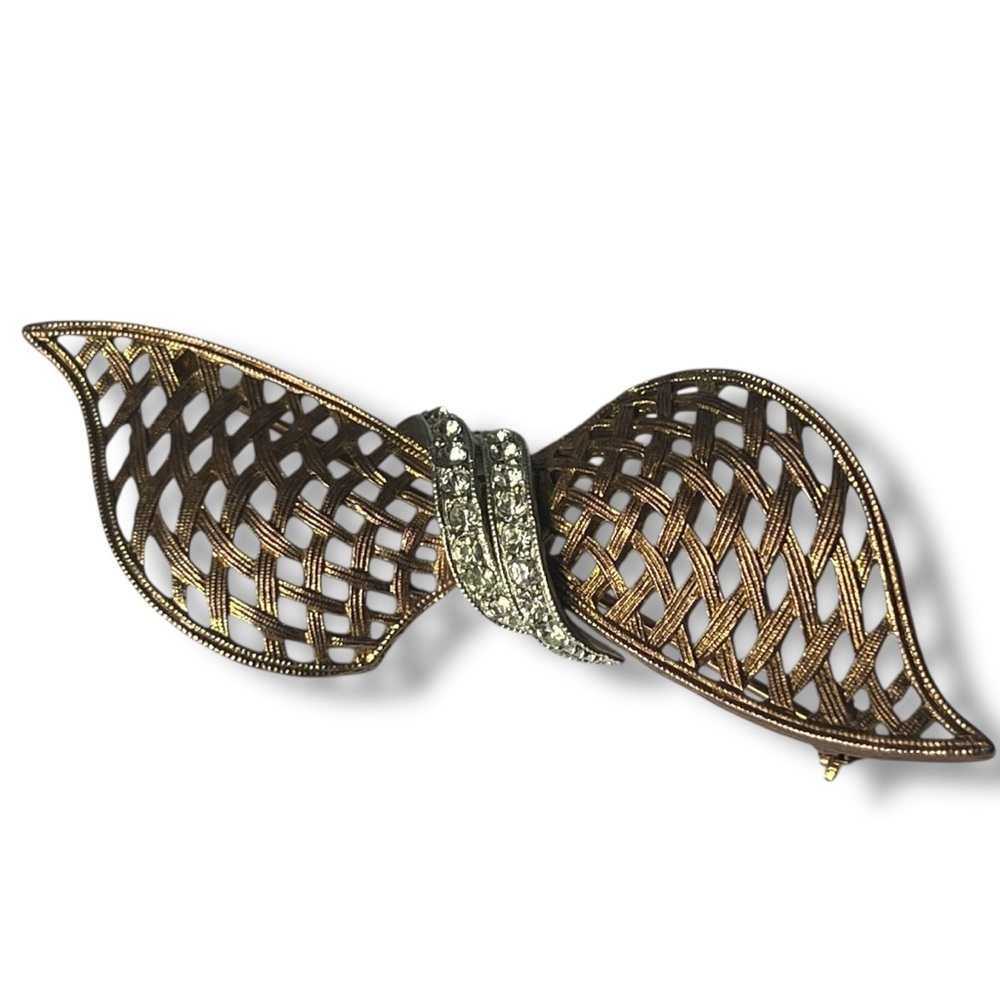 Vintage JJ Gold Basket Weave Textured Bow Brooch Clear Rhinestone Silver Accents